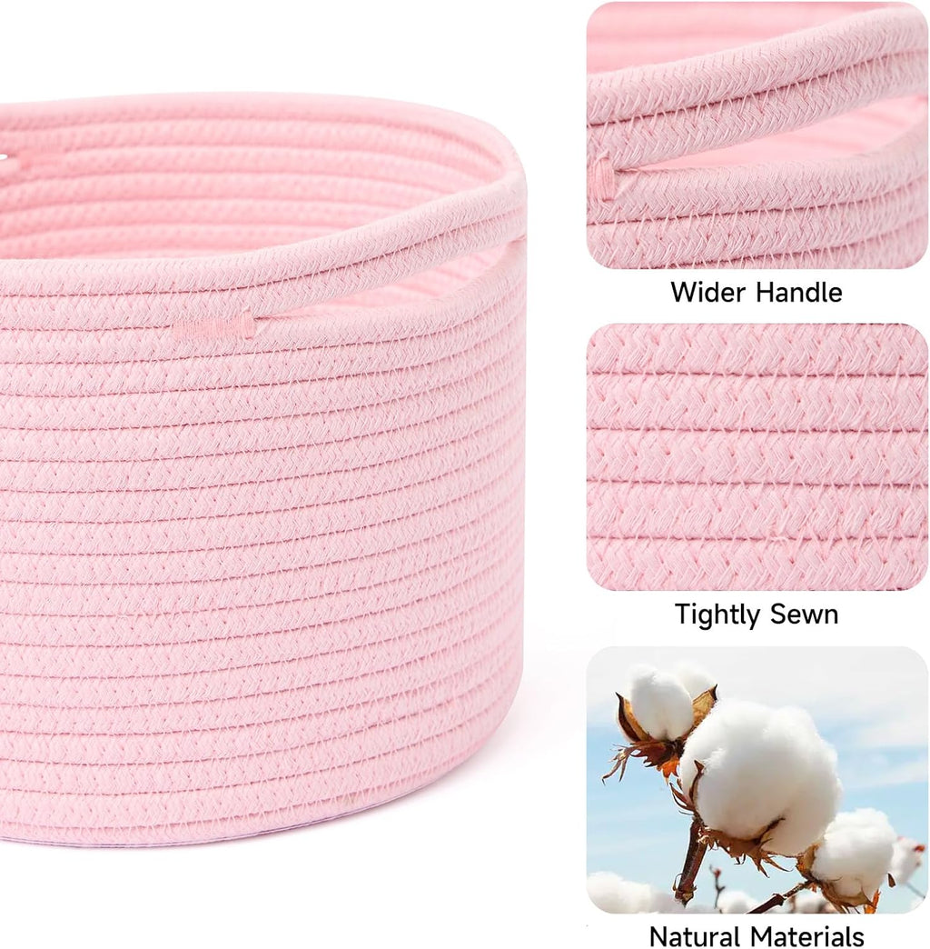 Small Basket for Organizing | Cube Shelf Closet Storage Baskets | 9.7×9.7×7.1” | Woven Rope Gift Basket | Nursery | Round 3 Packs Light Pink