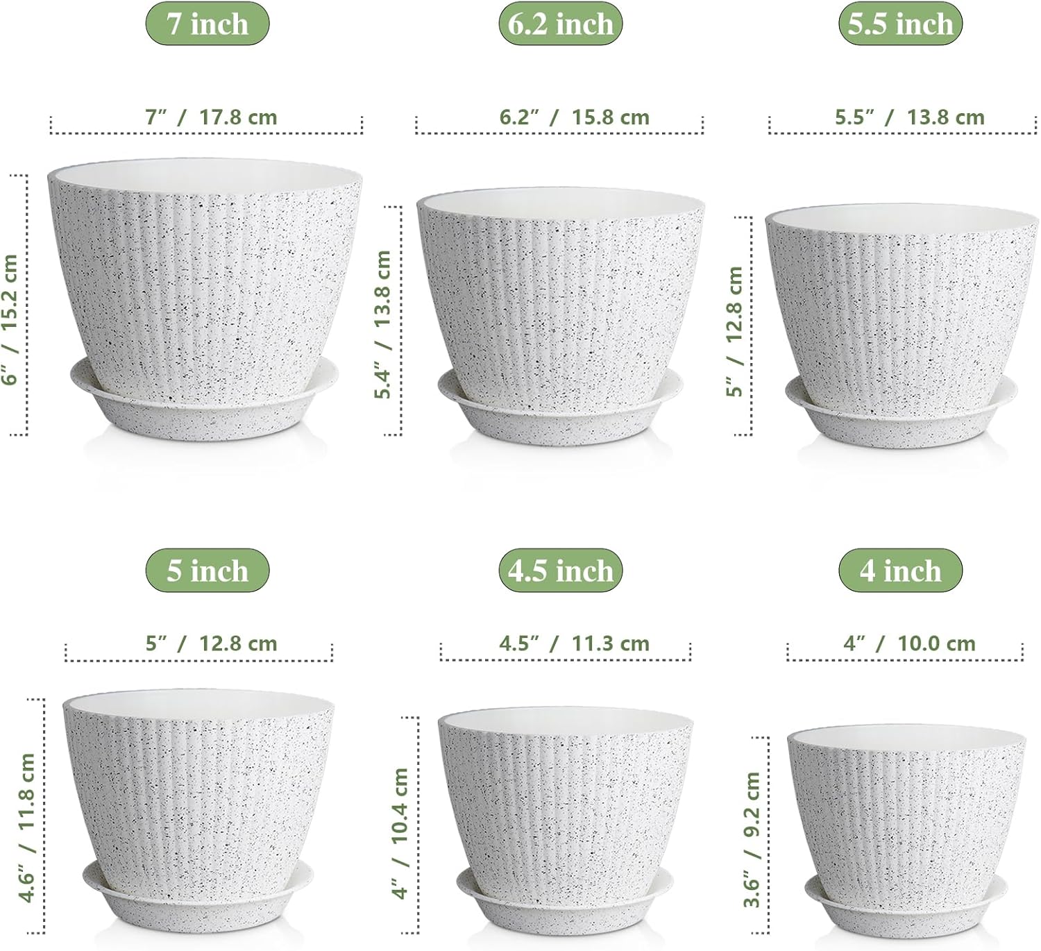 7/6.2/5.5/5/4.5/4 inch Flower Pots, 6 Pack Plant Pots for Small Indoor Outdoor Plants, Plastic Planters with Drainage Holes and Saucers for Garden Succulent House Plants, Speckled White