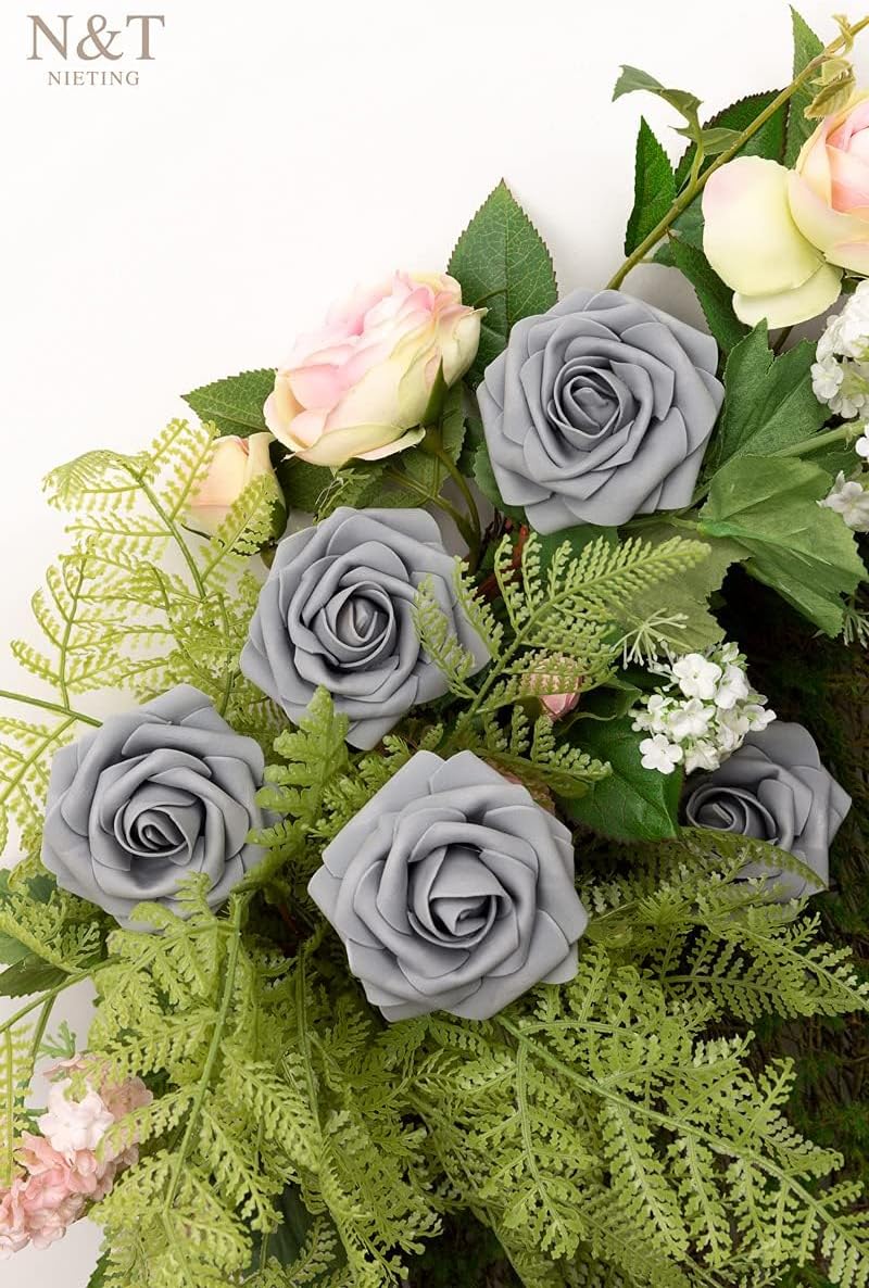 N&T NIETING Artificial Rose, 25pcs Gray Fake Foam Flowers with Stems for Wedding Party Baby Shower Cake Decoration, Home Display