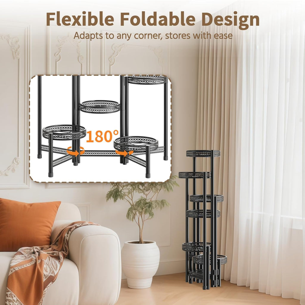 LASZOLA 6 Tiered Folding Tall Plant Stand Indoor Outdoor for Large Planter, Heavy Duty Metal Adjustable Multiple Flower Rack for Corner, Wrought Iron High Spiral Holder for Modern House Patio, Black