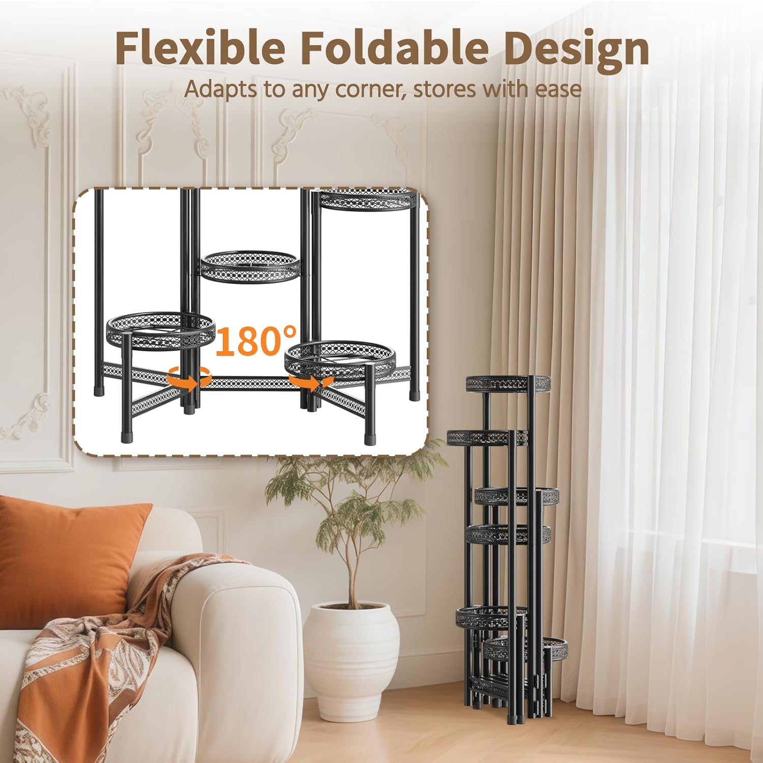 LASZOLA 6 Tiered Folding Tall Plant Stand Indoor Outdoor for Large Planter, Heavy Duty Metal Adjustable Multiple Flower Rack for Corner, Wrought Iron High Spiral Holder for Modern House Patio, Black