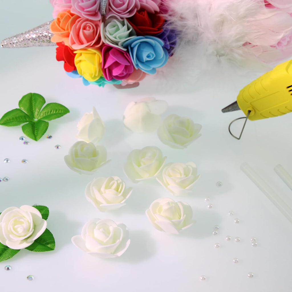 500 Pcs 1.4 Inch Mini Artificial Flowers Head Bulk 5 in 1 Set Faux Foam Fake Small Rose Tiny Baby Flores Bouquet Cake Gift Home Decoration DIY Craft (Ivory)