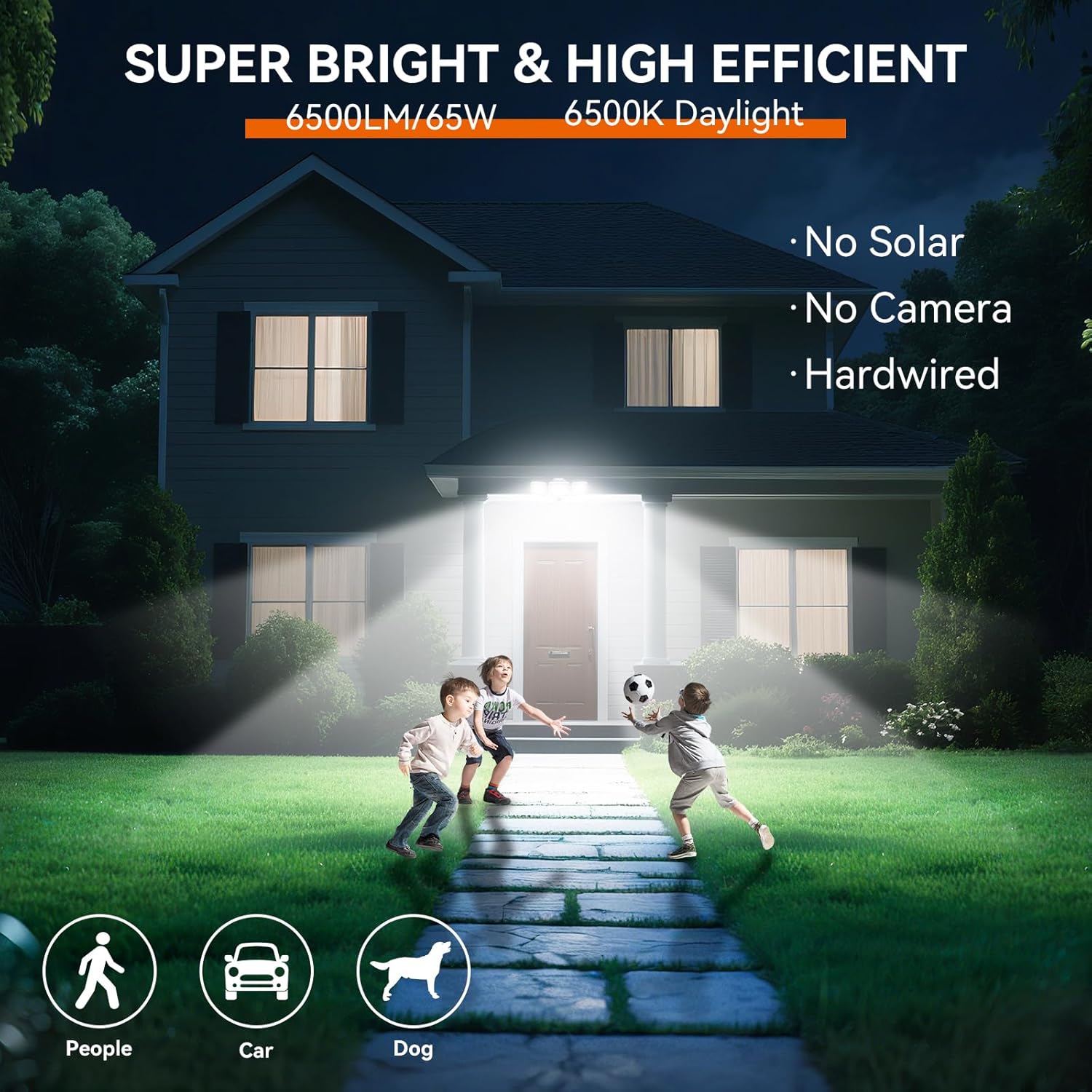 65W LED Flood Light Outdoor, 6500LM, Waterproof, 6500K Motion Sensor Flood Lights Outdoor with Adjustable 3 Head Detected Floodlight for Outside Entryway Garage, Yard, Porch, White