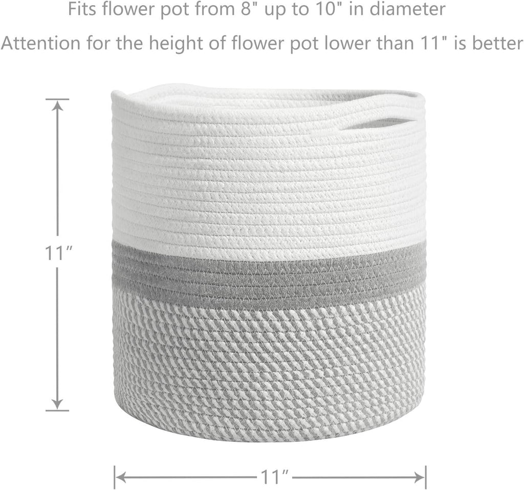 TIMEYARD Woven Cotton Rope Plant Basket for 10" Flower Pot Floor Indoor Planters, 11” x 11” Storage Basket Organizer Modern Home Decor, Grey and White Stripes