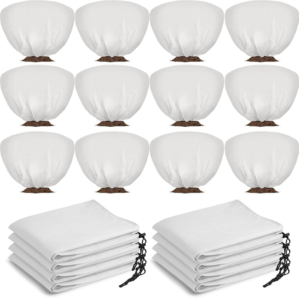 12 Pcs Winter Plant Covers Freeze Protection 39.4x23.6 Inch Horizontal Shrub Tree Rose Plant Protection Bags Frost Blanket with Drawstring for Fall Winter Outdoor Garden Planting (White)