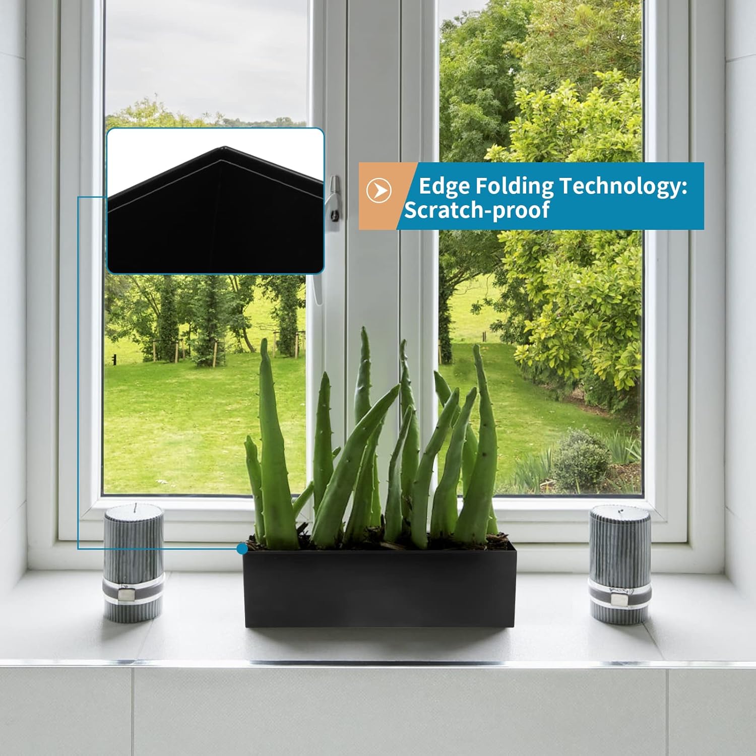 17" Large Stainless Steel Planter Box with Drain Holes and Water Reservoir, Rectangle Succulent Trough Planter Pot for Indoor Outdoor Windowsill, Table Decor (Black)