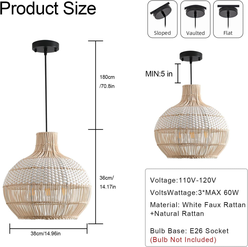 15" Rattan Pendant Light Fixture,3-Light Hand-Woven White Wicker Basket Chandelier Boho Faux Rattan Hanging Lamp,for Dining Living Bedroom Kitchen 1-Pack