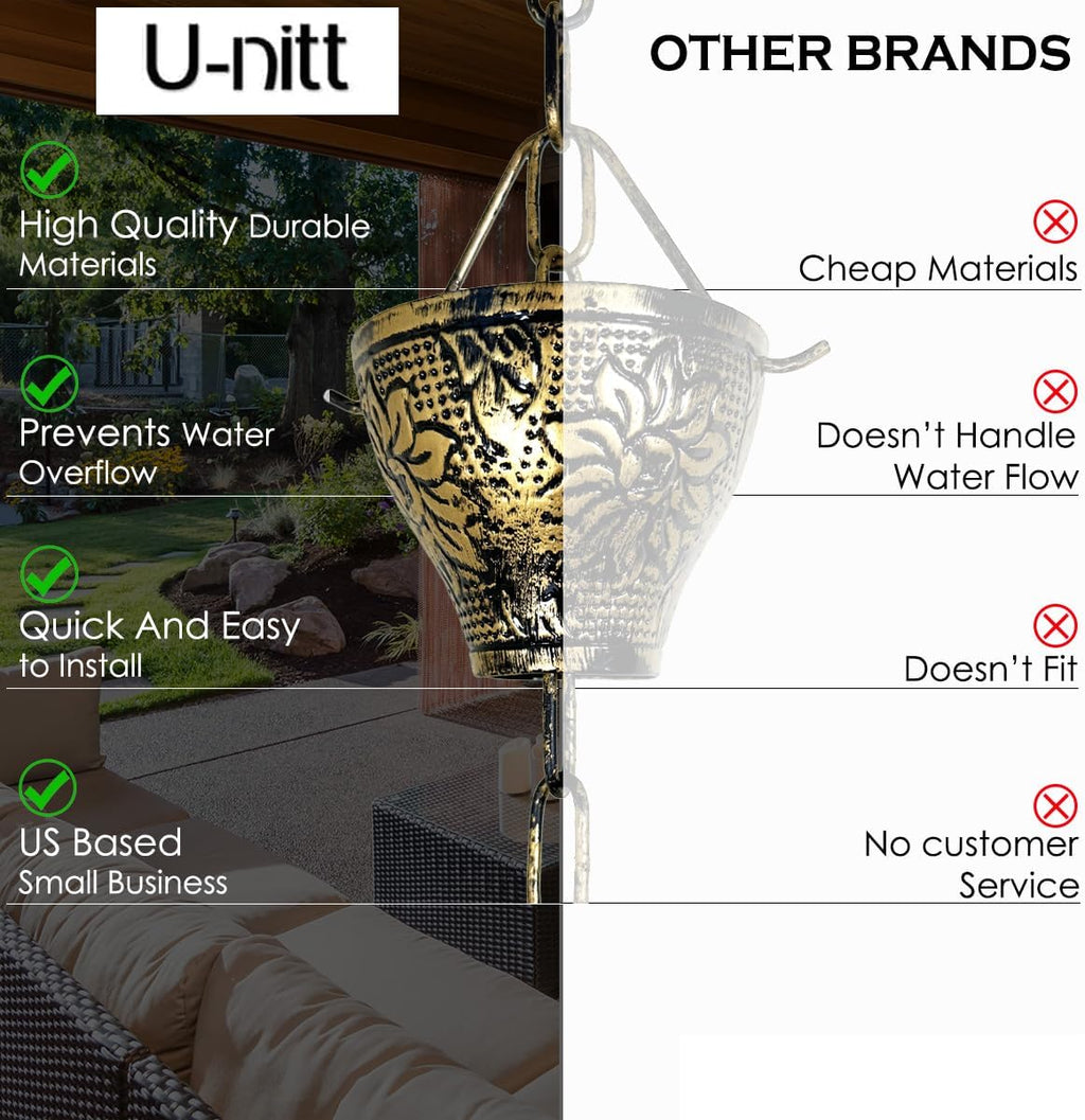 U-nitt Rain Chain Water Collection for Gutters, Rainwater Catcher & Diverter, 8.5 FT Chains for Outside Garden, Sunflower Cups, Roof Downspout, Works with Heavy Rain, w/Gutter Clip for Rainchains