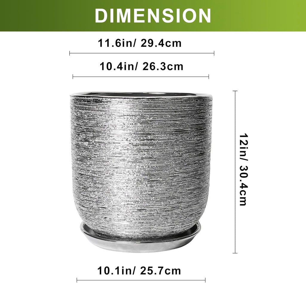 12 Inch Plant Pot - Ceramic Planter for Indoor Outdoor Plants, Modern Round Decorative Flower Pot with Drainage Hole and Saucer, Housewarming Gifts, Home Patio Decor, Silver