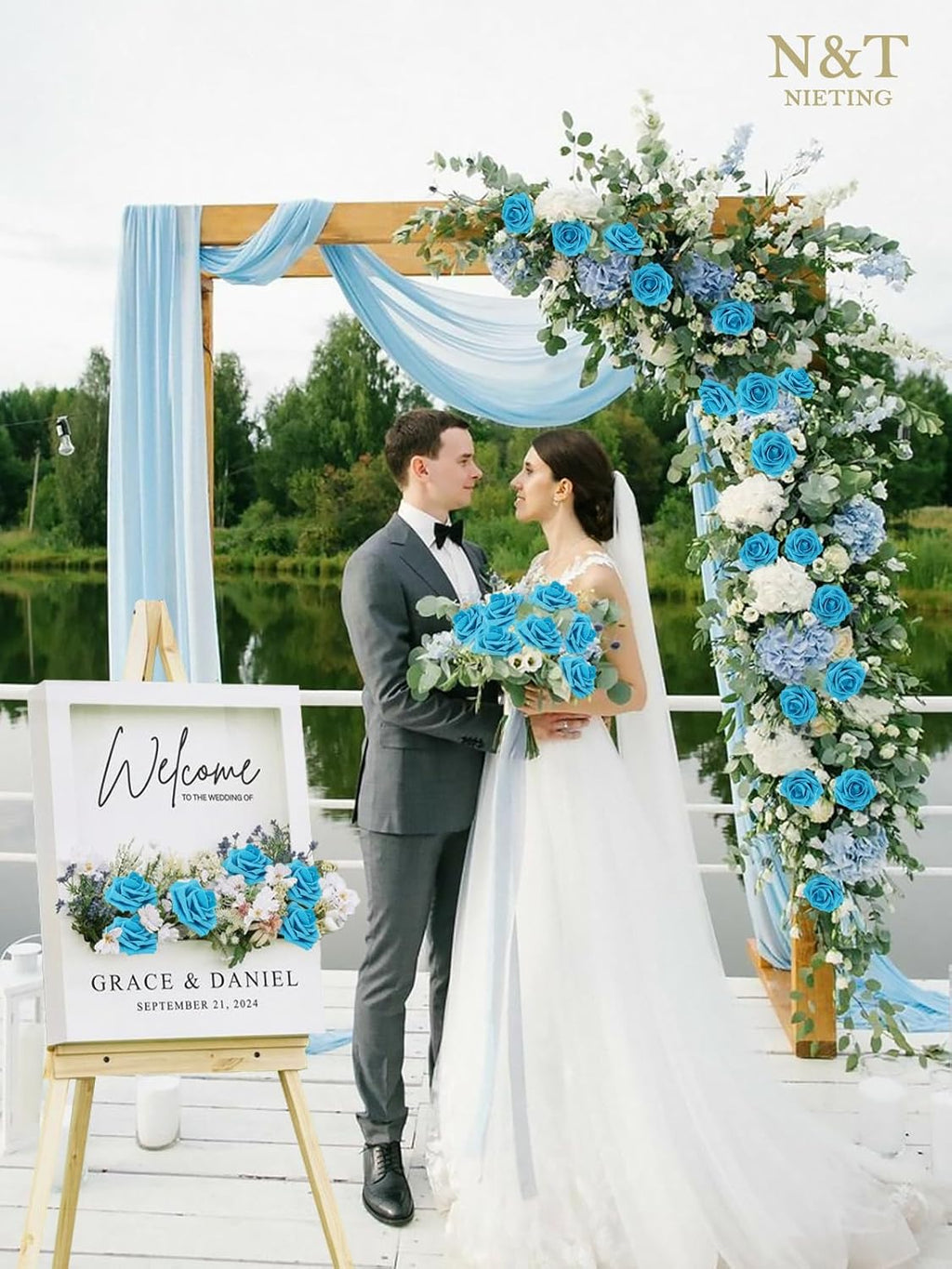 N&T NIETING Artificial Flowers, 25pcs Fake Flower Roses with Stem for DIY Wedding Bouquets Centerpieces Bridal Baby Shower Party Home Decoration, Blue