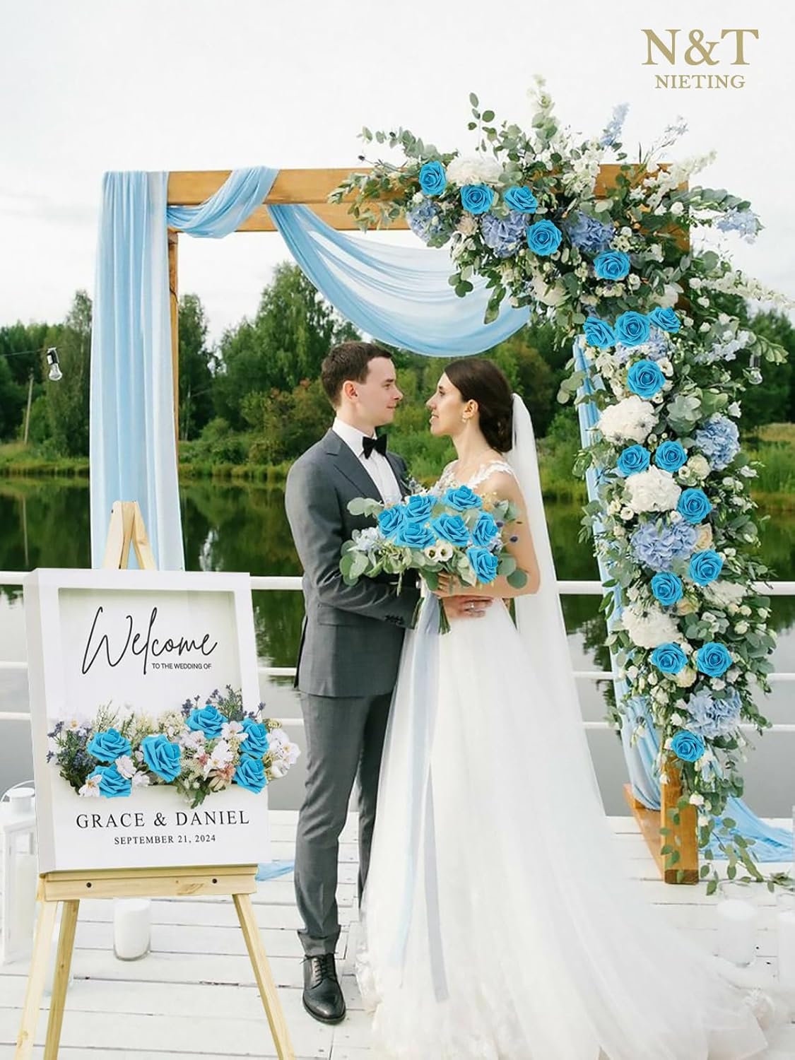 N&T NIETING Artificial Flowers, 25pcs Fake Flower Roses with Stem for DIY Wedding Bouquets Centerpieces Bridal Baby Shower Party Home Decoration, Blue