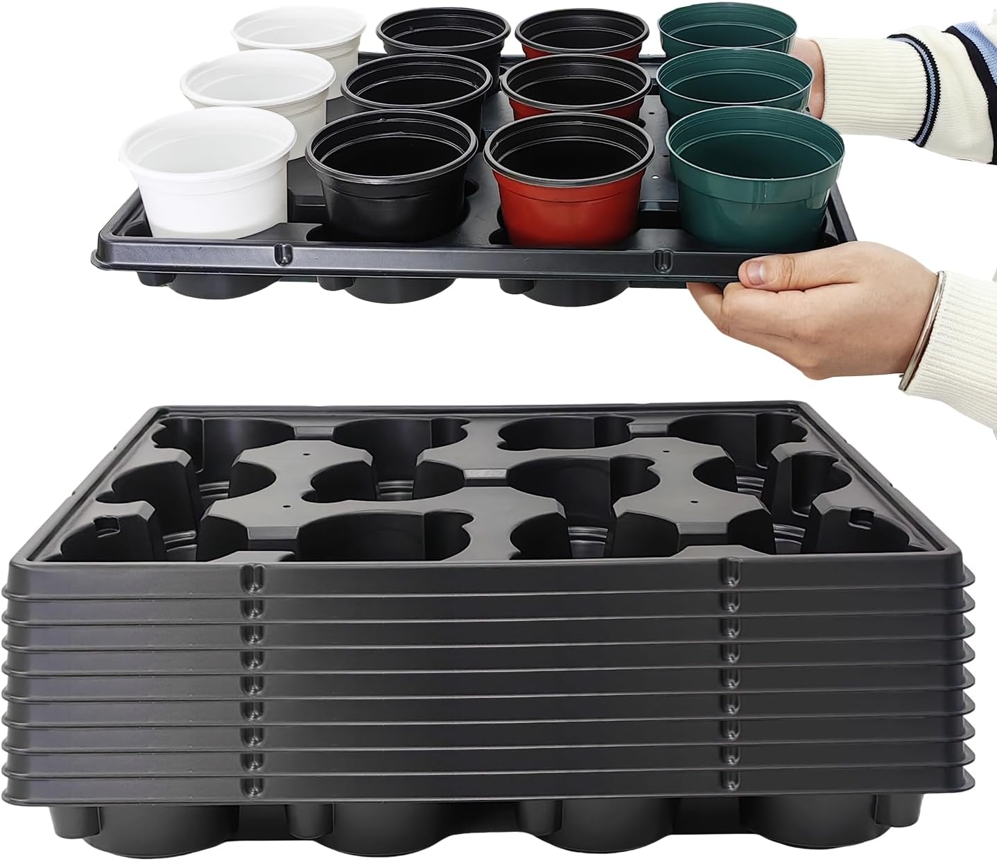 12 Cell Round Nursery Pots Trays Thickened Durable Seedling Pots Shuttle Carrying Trays for Holding 4 inch Nursery Pots (16.85" × 12.6", 10-Pack)
