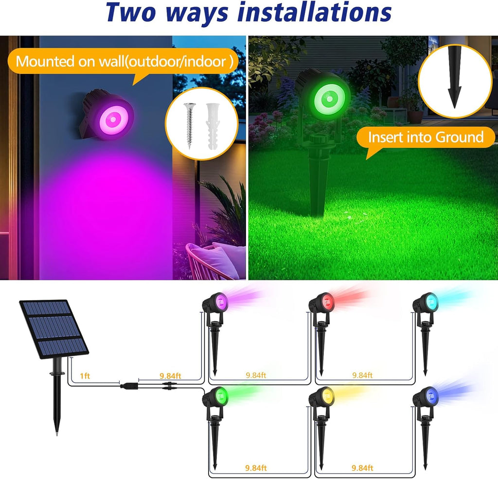 T-SUNUS Halloween Solar Spot Lights Outdoor Color Changing 6-in-1, RGB Landscape Spotlights Pond Lighting Waterproof IP65 Wall Lamp 9.8ft Cable for Christmas Tree Patio Pathway Yard Garden Holiday