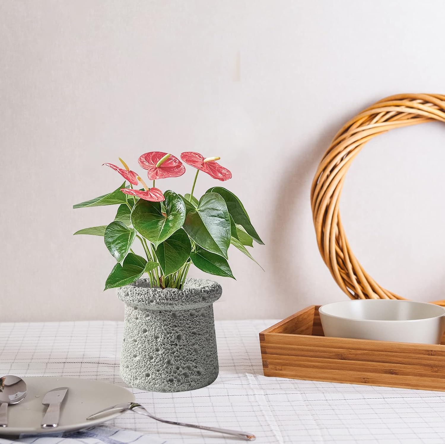 Cement Plant Pot Indoor, 4.5 Inch Flower Pot with Drainage Hole, Small Cement Planter for Home Office Decor (Beige)