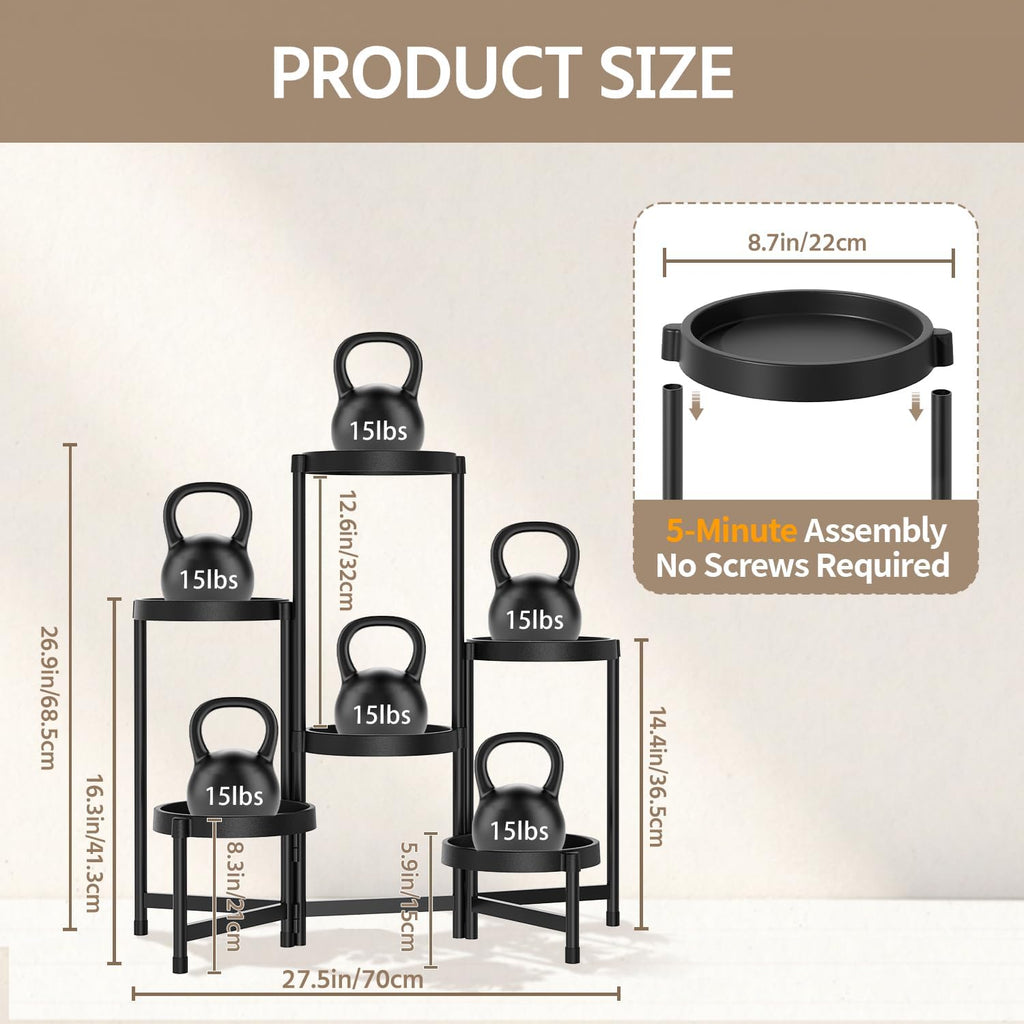 LASZOLA 6 Tiered Folding Plant Stand Indoor for Multiple Large Planter, Tall Heavy Duty Adjustable Rack with Rust Proof Plastic Shelving, Sturdy Vertical Tree Organizer for Narrow Inside Floor, Black
