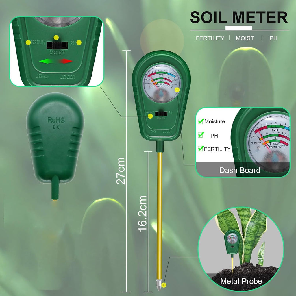 3-in-1 Soil Test Kit, Soil Moisture Meter/Soil ph Meter/Fertility Soil Tester, Soil Hygrometer for Garden, Farm, Plant, Outdoor, Indoor, Lawn Care Moisture Meter for Hous Plants (No Battery Needed)