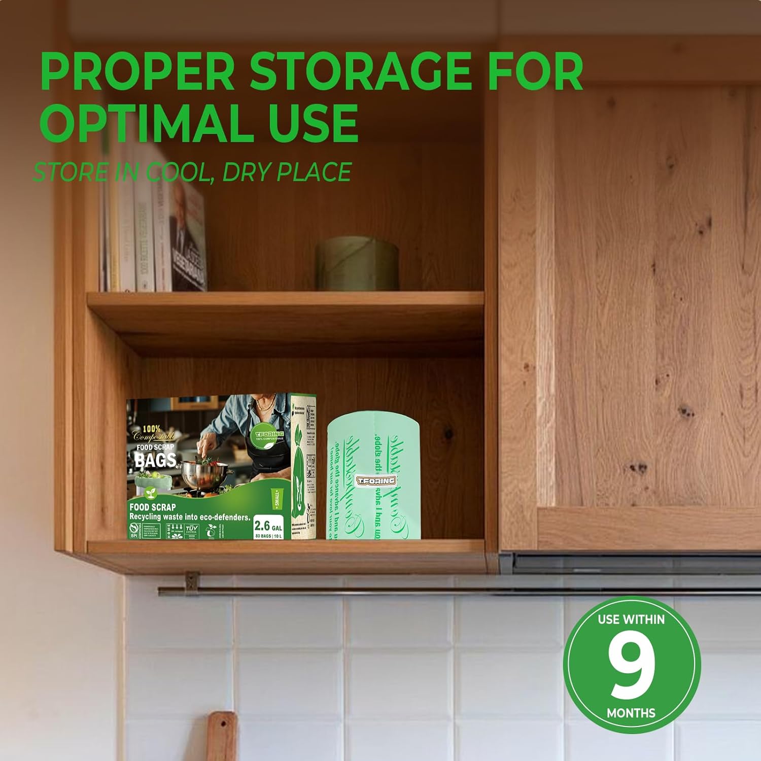 Small Compost Bags 2.6 Gallon - 80 Count 0.8 Mil Thick Compostable Trash Bags for Countertop Bin, ASTM D6400, US BPI, CMA and Europe OK compost HOME Certified