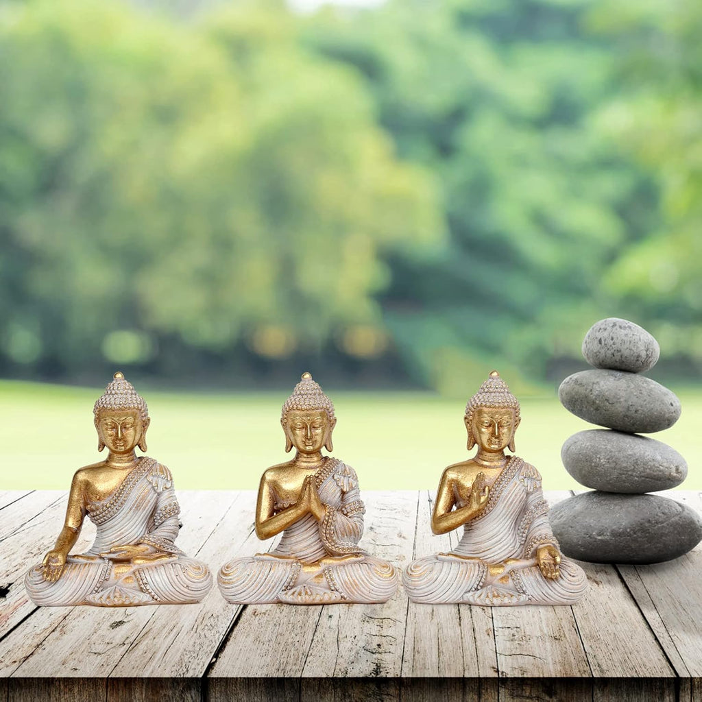 Buddha Statue for Home Decor Gold 4.3'' Set of 3-Small Buddha Statues for Zen Decor-Table Desk Spiritual Decor-Buddha Decor for Living Room-Indoor Buddha Gift for Relaxation, Meditation or Shrine