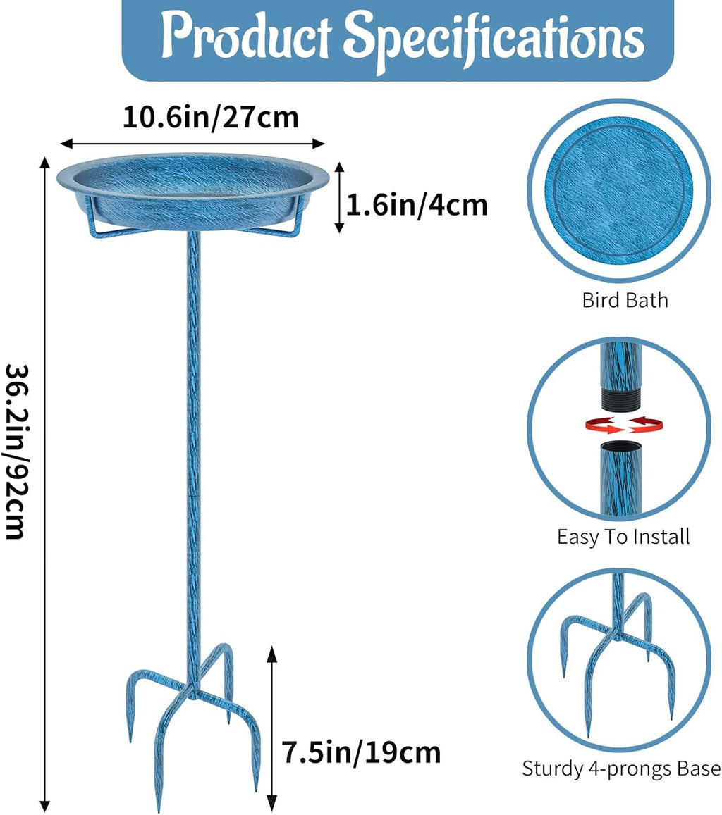 Metal Bird Bath for Outside, 36.2" Height Birdbath Bowl Standing Bird Feeders for Outdoors with 4 Prongs Base Stake, Freestanding Birdfeeders for Garden Yard Lawn Decor (Retro Blue)