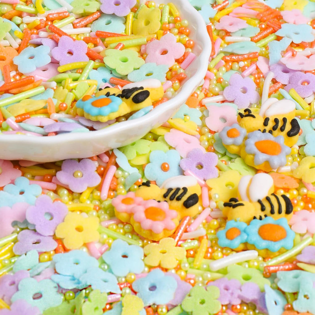 Flower Sprinkles for Cake Decorating, Edible flower and Bee Sugar Mix, Perfect for Cake Decorations, Baking, Ice Cream, Cookies, Cupcake Toppers