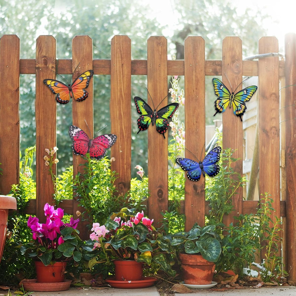 EOORAU Metal Butterfly Wall Outdoor Decor - 5 Pack Metal Butterflies Wall Art Sculpture Hanging Decor for Home Yard Patio Garden Decorations