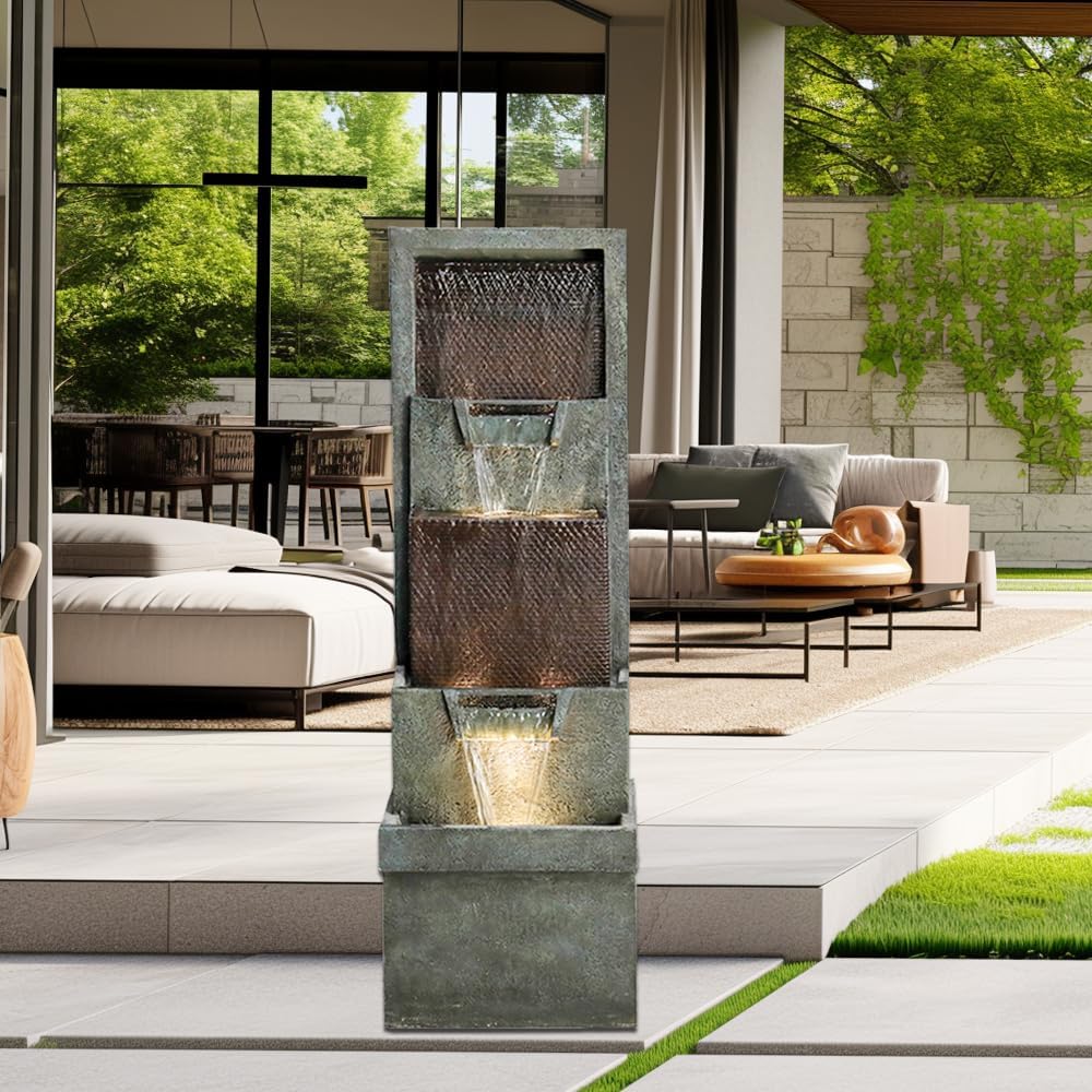 39.3”H Outdoor Garden Waterfall Fountain-Indoor Water Fountain with LED Lights, for Gardens, Landscaping, Patios, Balconies, Office,and Lawns for a Calming Oasis in Outdoor Living Art Decor