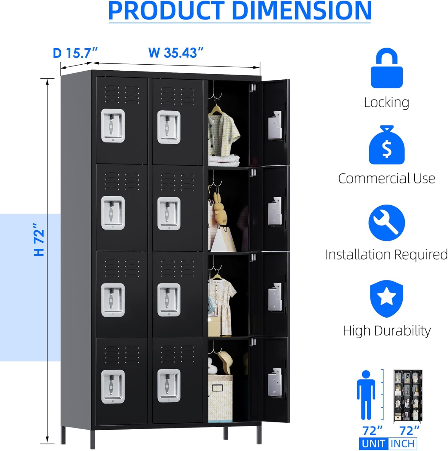 METAN Metal Locker for School Office Gym Bedroom, 12 Doors Black Steel Storage Locker Cabinet for Employees, Industrial Storage Locker, Assembly Required (12 Door-Black)