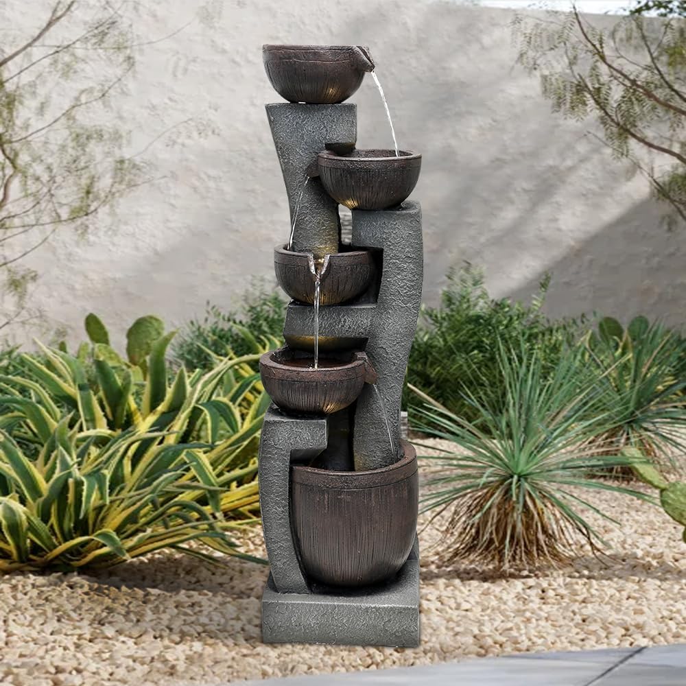 SunJet 43.7" Indoor/Outdoor Modern Water Fountain - 5-Tiers Garden Cascading Fountain with Lights & Pump - Curve Shape Floor-Standing Waterfall Feature for Home Deck, Patio, Porch, Yard Decor