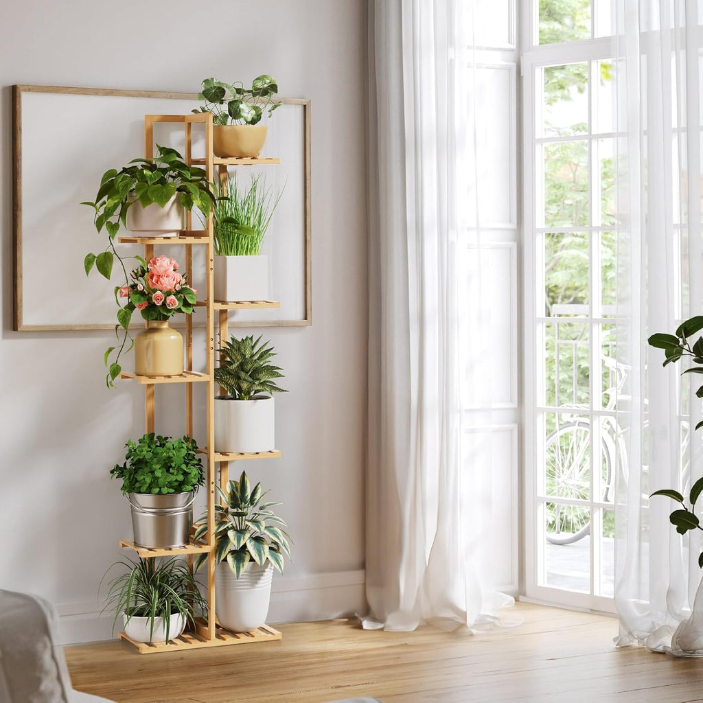 ROSSNY 55 Inch Tall Plant Stand Indoor, 7 Tier 8 Potted Bamboo Plant Stands for Indoor Plants, Corner Plant Stand, Plant Shelf For Indoor, Tiered Plant Stands, Planter Holder for Multiple Plants Indoor, Natural