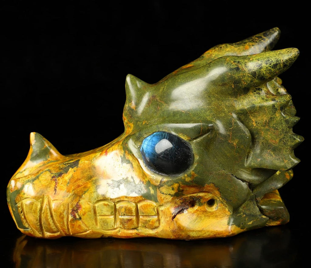 Skullis 5.1" Orpiment Crystal Dragon Skull with Labradorite Eyes, Hand Carved Gemstone Fine Art Sculpture, Reiki Healing Stone Statue.2136 Z8