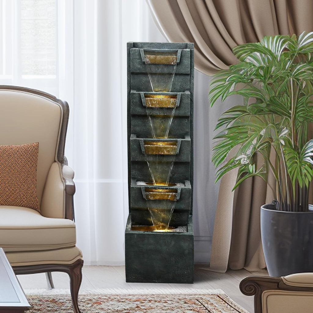 SunJet 4-Tiers Modern Cascading Indoor/Outdoor Fountains and Waterfalls with LED Lights - 39.3" High Large Water Fountain for Garden, Patio, Yard, and Deck Decor - Relaxing Water Fountain Outdoor