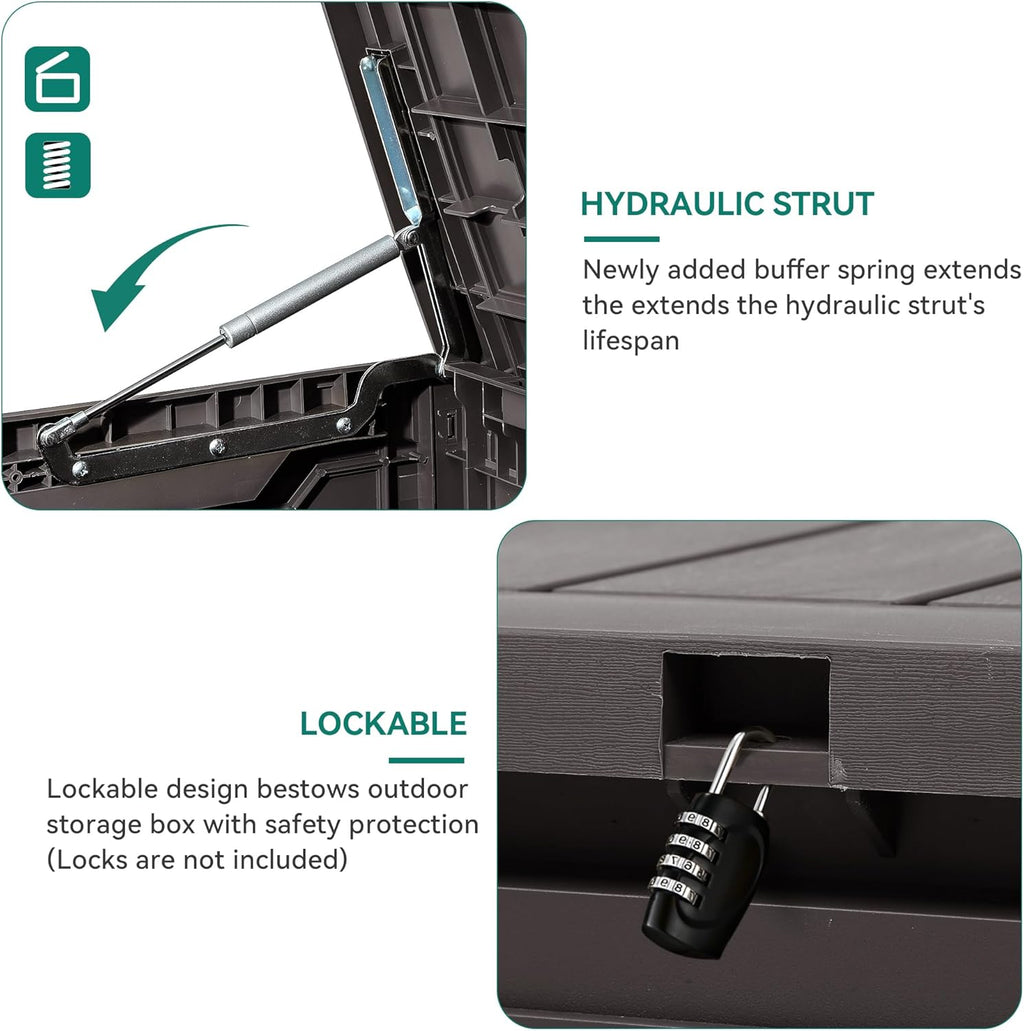 YITAHOME 80 Gallon Outdoor Storage Box, Large Water Resistant Resin Deck Box, Indoor Outdoor Lockable Storage Container for Patio, Garden, Cushions, Tools, Equipment (Dark Brown)