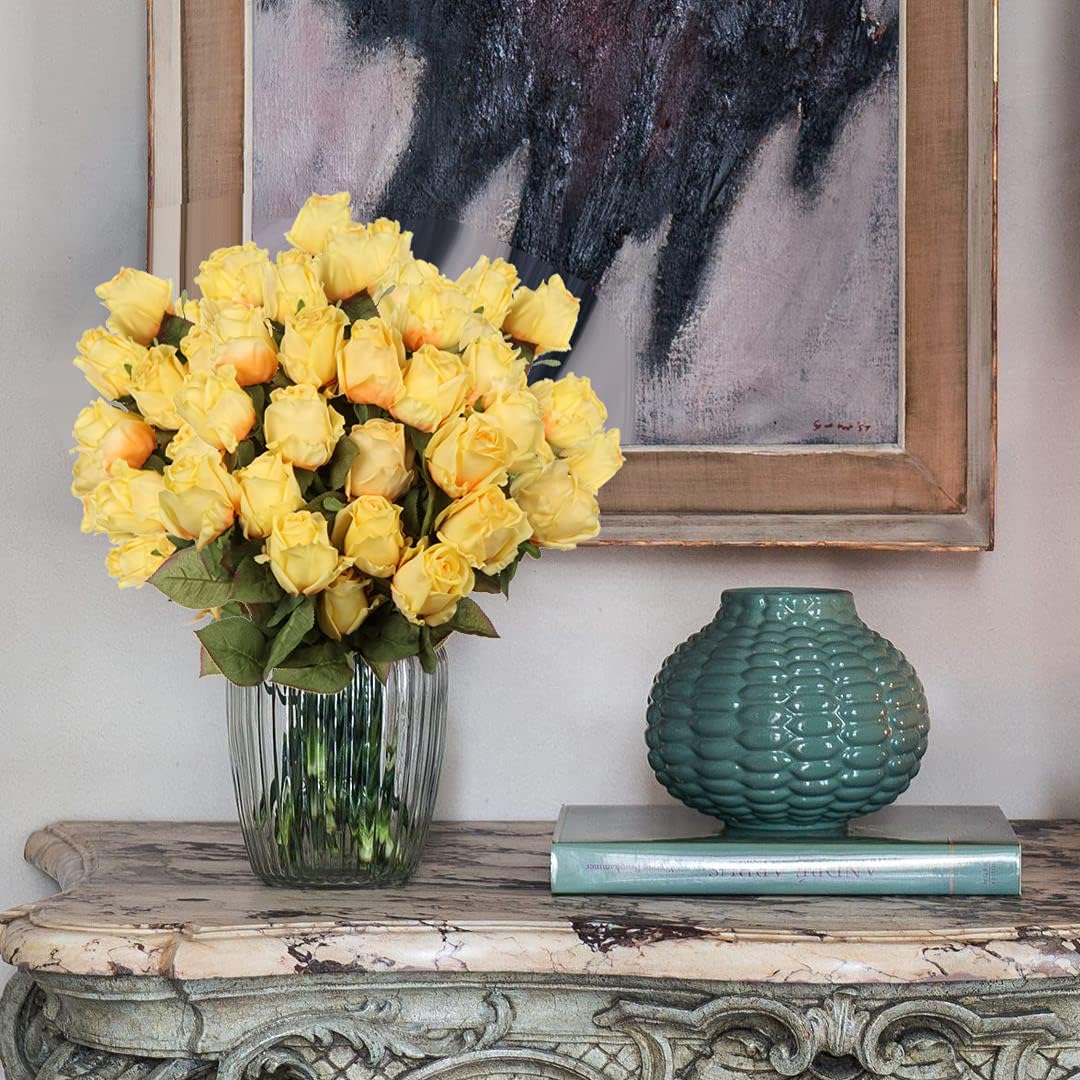 Artificial Realistic Roses Yellow Flowers 24" Real Touch Silk Roses Bouquet Long Stems Rose for Flower Arrangement Fake Roses Decor for Home Party Wedding Table Centerpieces Roses Realistic - 5 Pcs