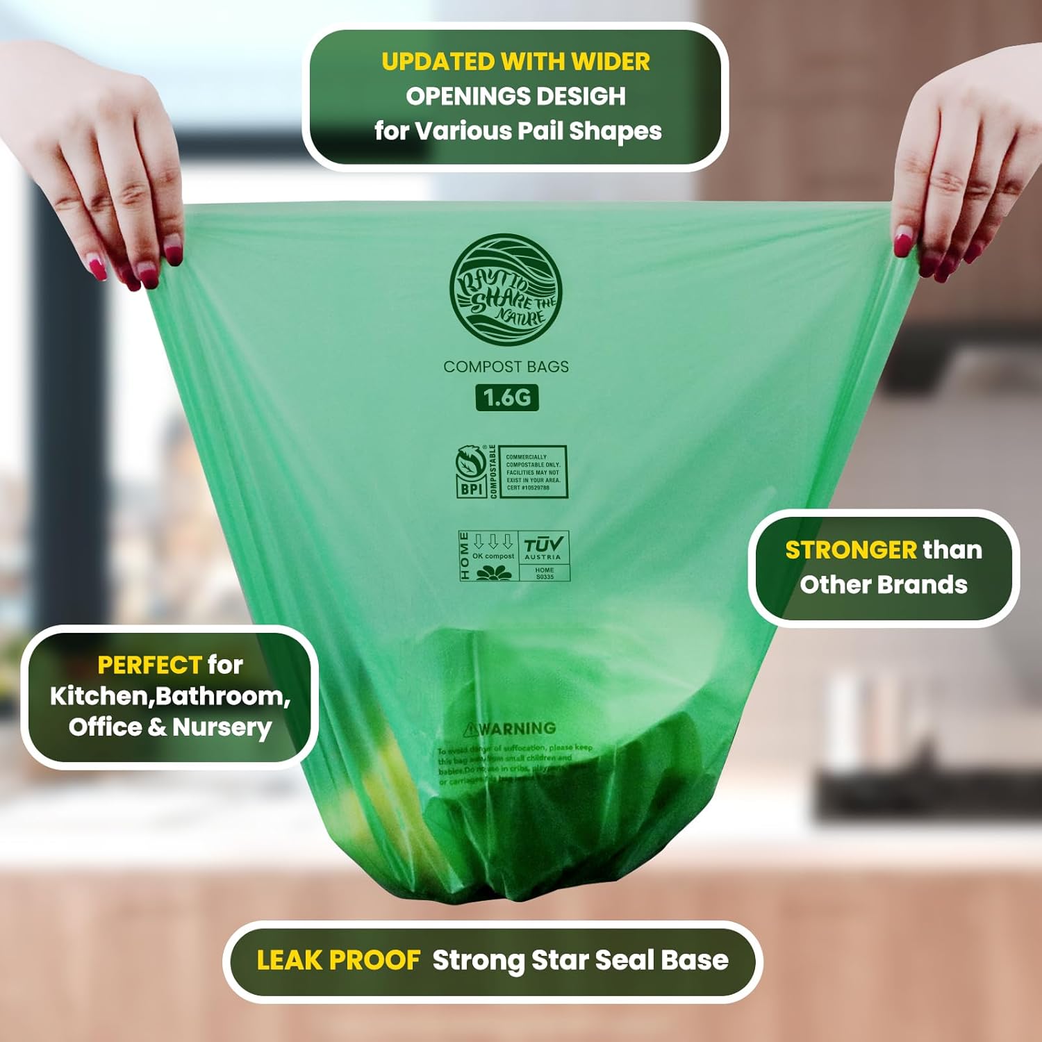 RAYTID 120 Counts 1.6 Gallon (1.6-1.75-2 Gal) Compost bin kitchen Bags, Strong compost bags for countertop bin, Fit 4.5,6,7,8 Liters.ASTM D6400, US BPI and Europe OK compost HOME certified