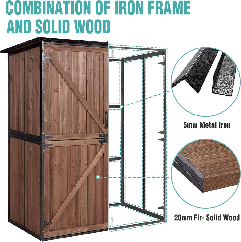 Outdoor Storage Cabinet with Adjustable Shelves, Large Metal Frame Garden Shed for Bike & Tool Storage, Lockable Waterproof Vertical Cabinet Box for Backyard, Patio, Lawn, Deck