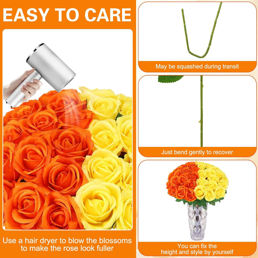 36 Pcs Yellow, Orange Artificial Roses with Long Stems, Purple Fake Silk Rose Artificial Flowers Bulk for Bridal Wedding Bouquet Centerpiece Ball Arrangement Party Decor