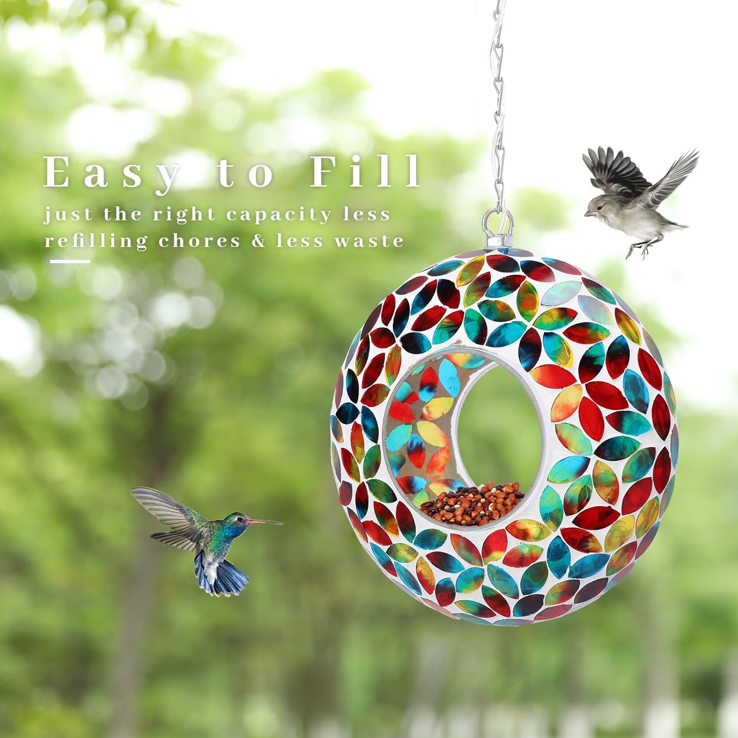 VCUTEKA Mosaic Bird Feeder Solar Fly Through Birdfeeder for Outside Hanging Round Shape Glass Container to Attract More Wild Bird Feeders for Garden Decor as Gift for Bird Lovers, Red 10-Inch