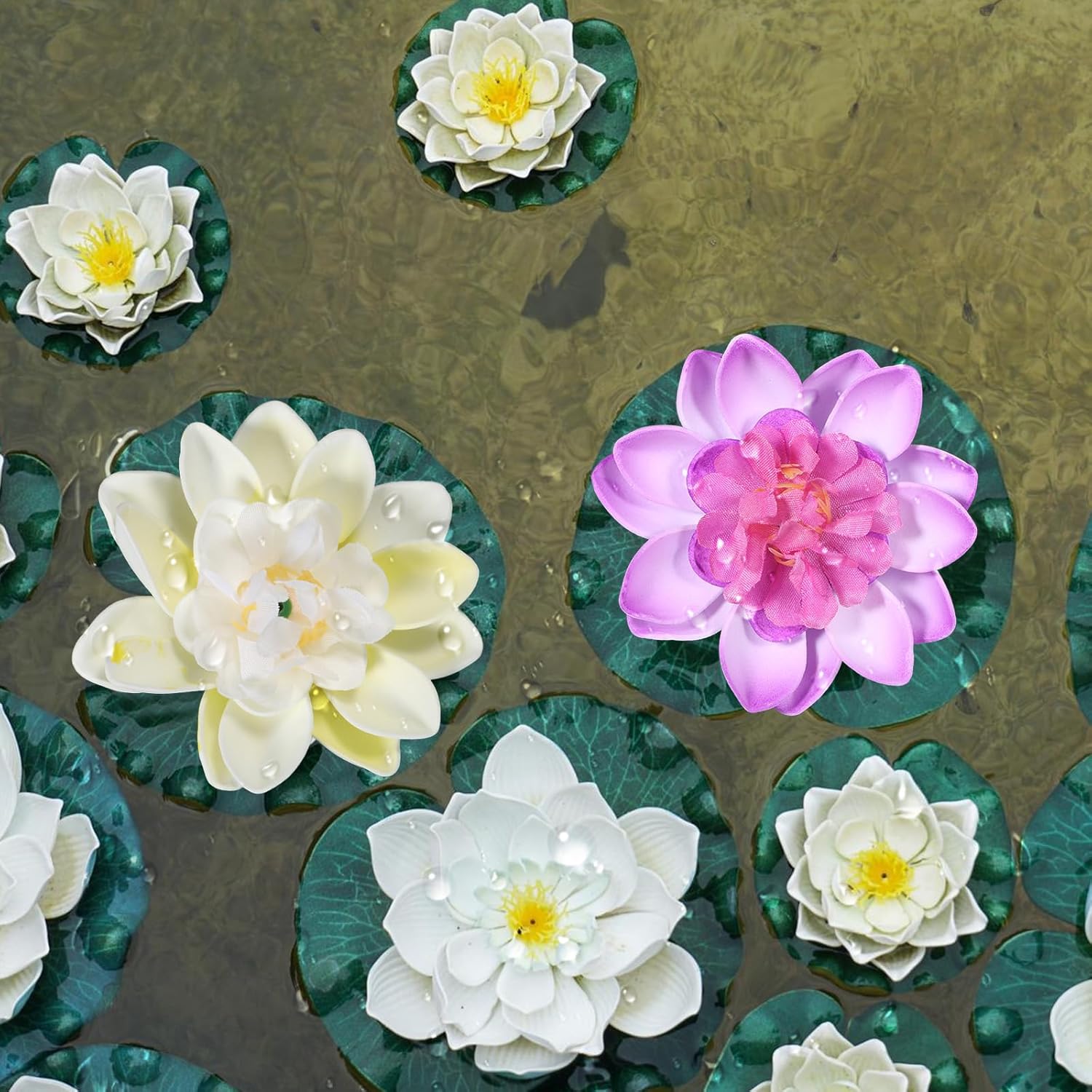 2PCS 10CM/3.94Inch Birdbath Fountain Accessory, Artificial Floating Foam Lotus Flower with Water Lily Pad, Artificial Lotus Flowers Decor, Lotuss Leaf Flower Floating Garden Pond Decor, Pool Decoratio