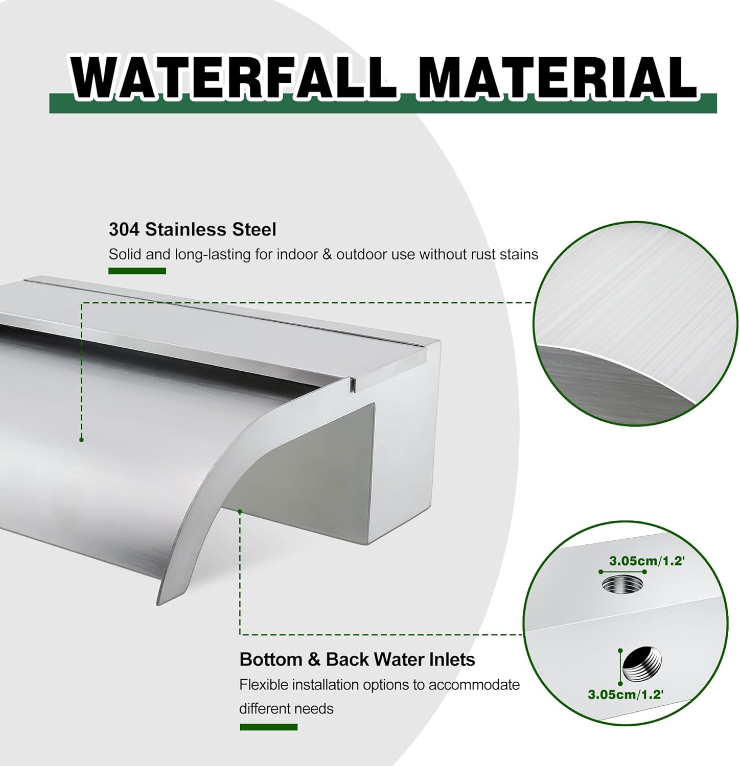 Waterfall Spillway, Stainless Steel Pool Fountain w/Top Open Lip & Pipe Connector Kits for Outdoor/Indoor Decorative, 11.8'' Pool Water Feature for Garden Patio, Backyard Koi Pond Decor