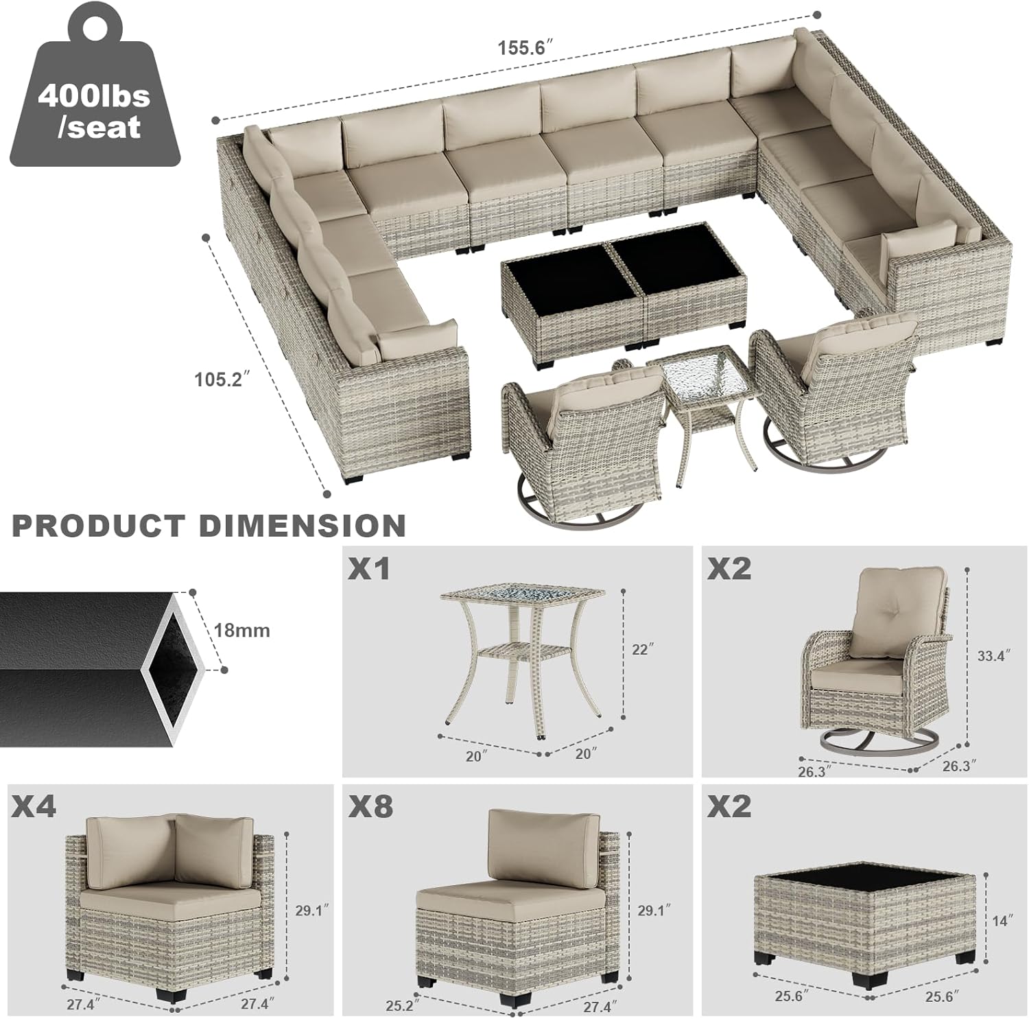 17-Piece Patio Furniture Set, Outdoor Patio Furniture with Swivel Chairs Set, Thick Cushions, Modular Patio Sofa, Dual-Strand Wicker Rattan, Rust-Resistant Frame, Khaki
