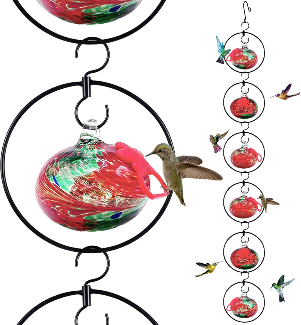 Flexible 6 Pack Hummingbird feeders for Outdoors Hanging Ant and Bee Proof,Detachable Hand Blown Glass Hummingbird Feeder with 6 Adjustable Silicone Perch(Red)