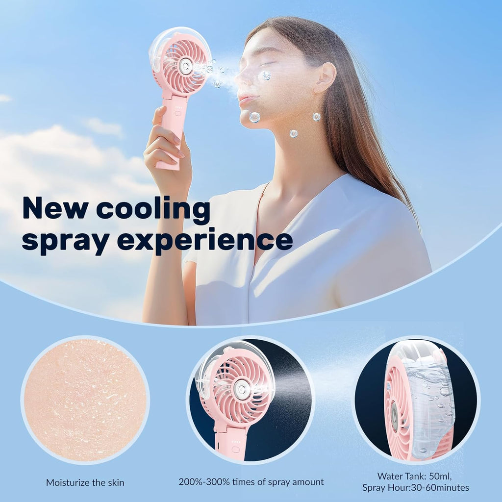 HandFan 4000mAh Handheld Misting Fan, 50ml Water Tank, Rechargeable Personal Mister Fan Portable AC, Spray Water Mist Fans, Foldable Cooling Ice Fans for Beach Travel Outdoors(Pink)
