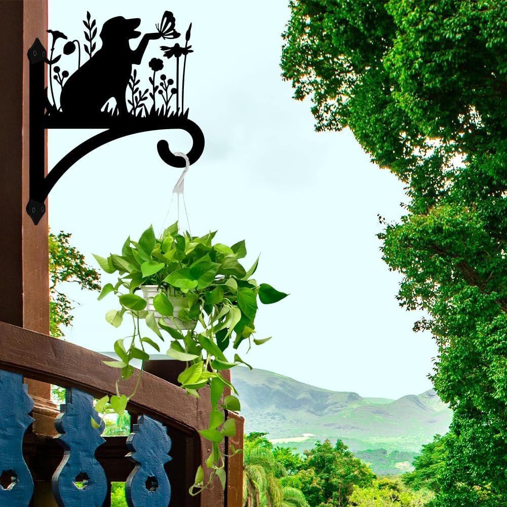 Peacoblue Iron Plant Hangers Holder for Outdoor Indoor Hanging Plants Fern Pots, Lantern, Bird Feeder, Wind Chimes, 12”x14” Dog Weather Resistant Metal Wall Brackets Hooks for Porch, Garden, Home(Dog)