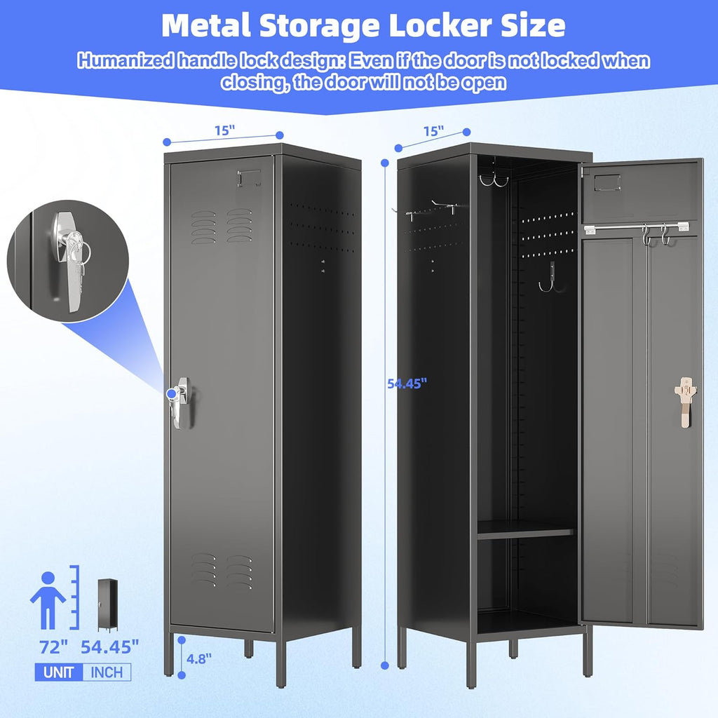 METAN Metal Storage Lockers with 1 Door and 1 Adjustable Shelf,55''H*15''W*15''D Steel Lockers with Hooks for School,Home,Office,Gym,Assembly Required,Black