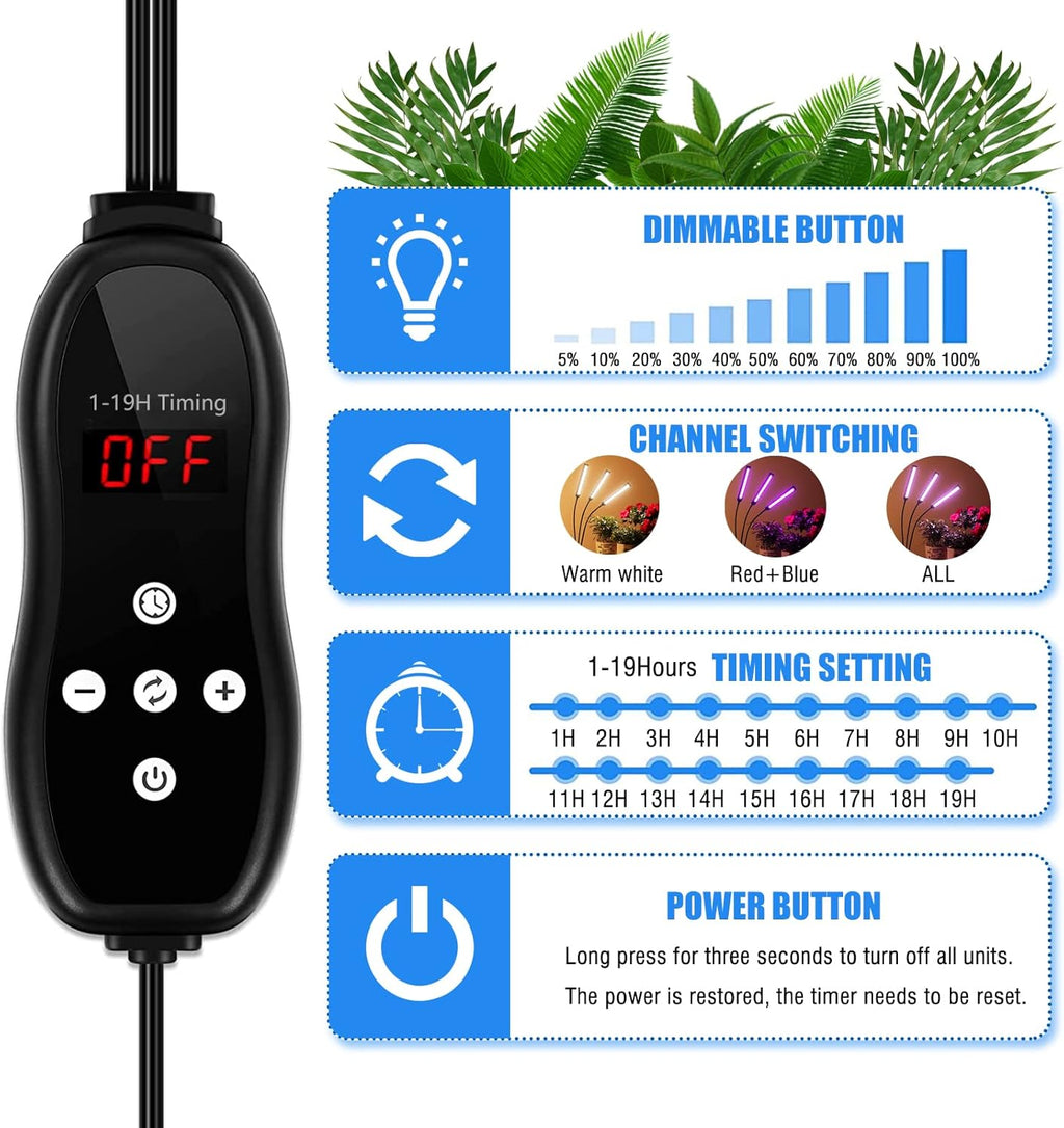 Grow Lights for Indoor Plants 4 Heads, Full Spectrum Plant Lights for Indoor Growing with Tripod Stand, Auto On/Off Timing 3/6/9/12/15/18H, LED Grow Lights for Indoor Plants. (4 Wide Heads)