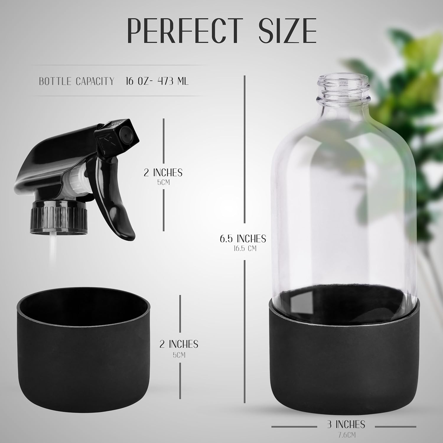 16oz Empty Glass Spray Bottle with Silicone Sleeve Protection - Refillable Containers for Cleaning Solutions, Essential Oils, Misting Plants - Including 2 Sprayers (Clear, 1 PACK)