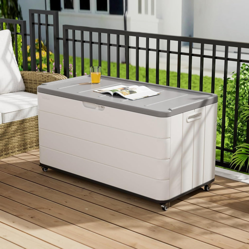 100GAL White Resin Deck Box with Wheels – Lockable, Waterproof, SGS-Tested UV Resistance, Spacious Outdoor Storage for Patio Cushions & Pool Gear, Easy Assembly