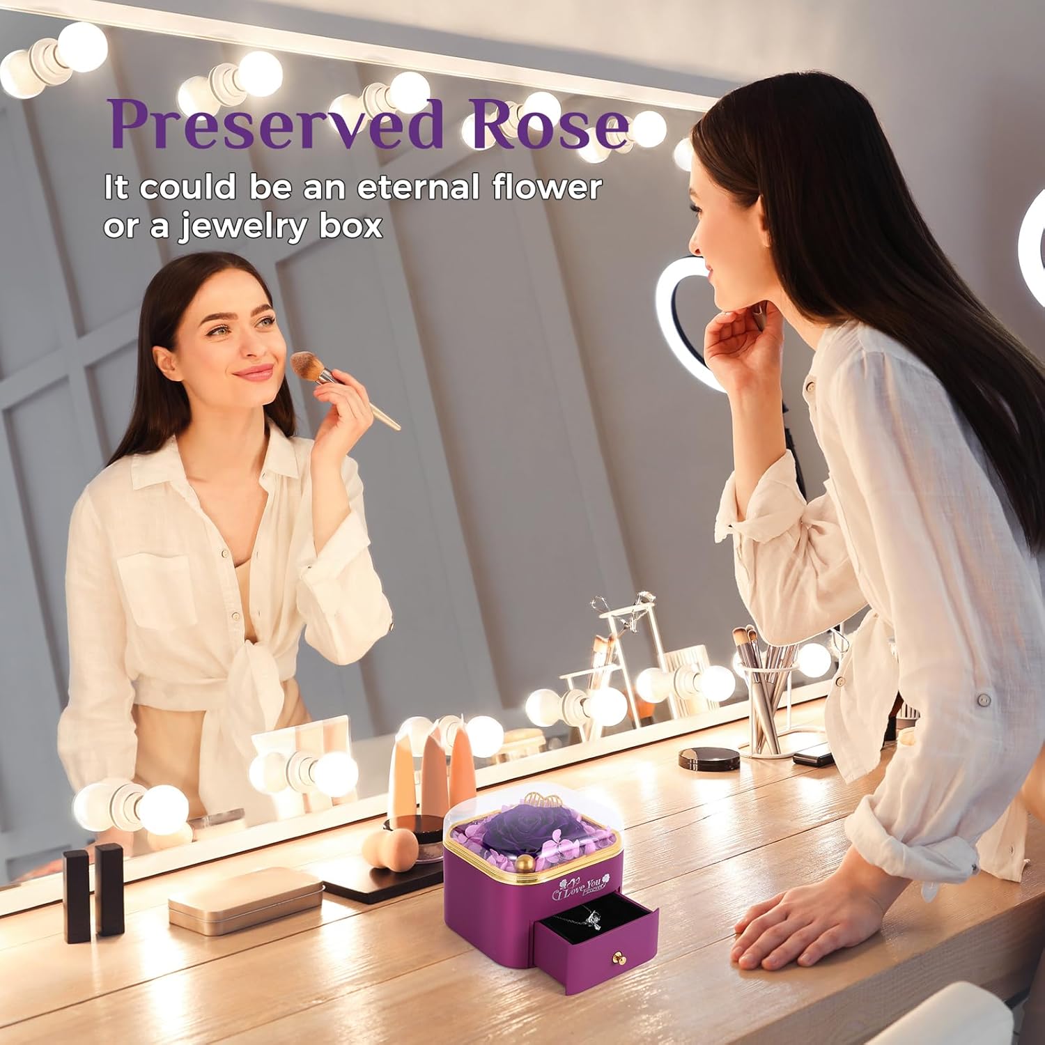 Mikasol Preserved Rose & Heart-Shaped Necklace with Jewelry Box - Preserved Rose, Ideal Romantic Gift for Women, Anniversary, Valentines, Purple, 4.9"x4.5"x4.3"