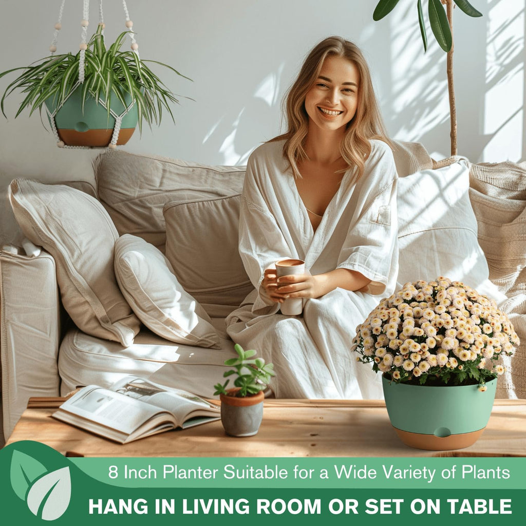 Set of 2-8 Inch Hanging Planters for Indoor Plants with Self-Watering Includes Hanging Pots for Plants, Outdoor Hanging Plant Pot with Drainage, and 2 Types of Hanging Baskets Hangers (Green)