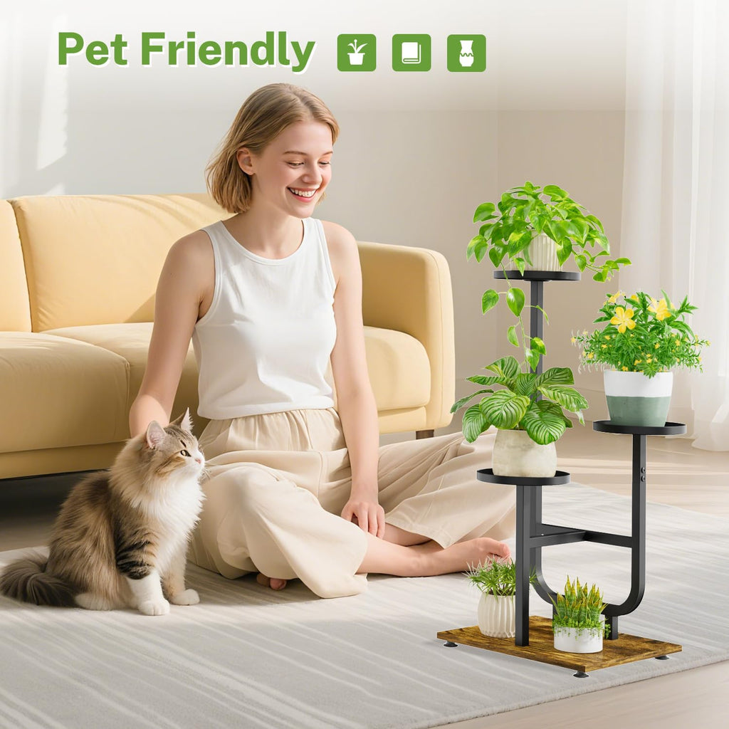 iDavosic.ly 3 Tier Plant Stand Indoor, Corner Tiered Multiple Flower Holder Shelf with Metal Trays, Orchid Display Wooden Rack for Patio Porch Living Room Balcony Outdoor, Modern Black & Rustic Brown